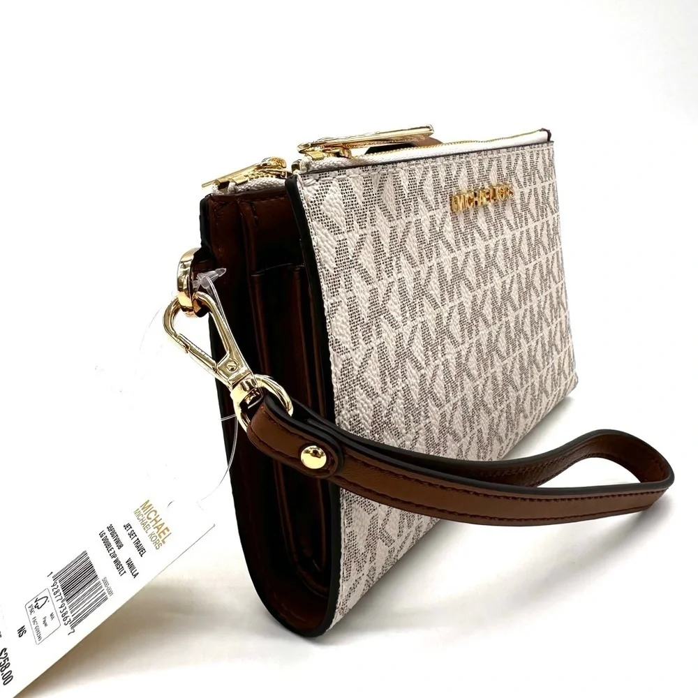 Michael Kors Large Double Zip Wallet Wristlet Vanilla/Brown